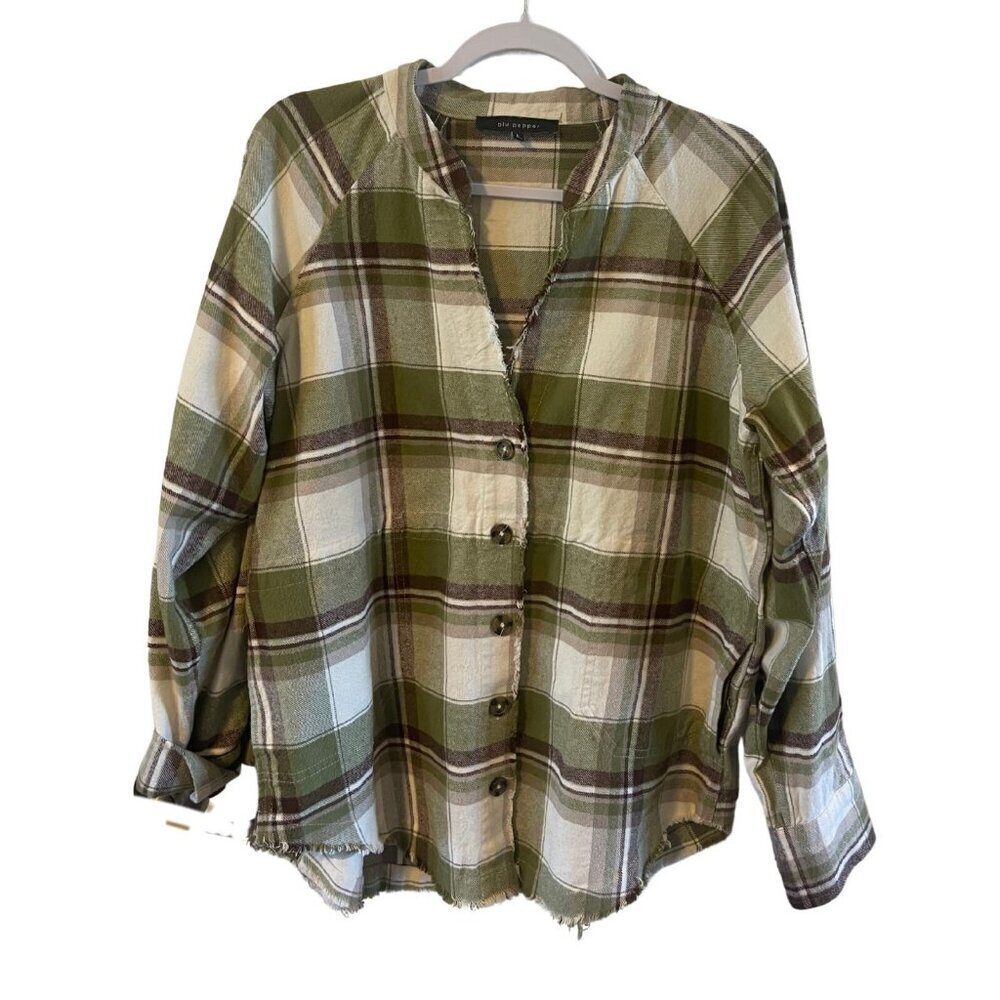Blu Pepper Green Brown white Plaid Flannel Shacket Pockets raw hem Womens L NWOT